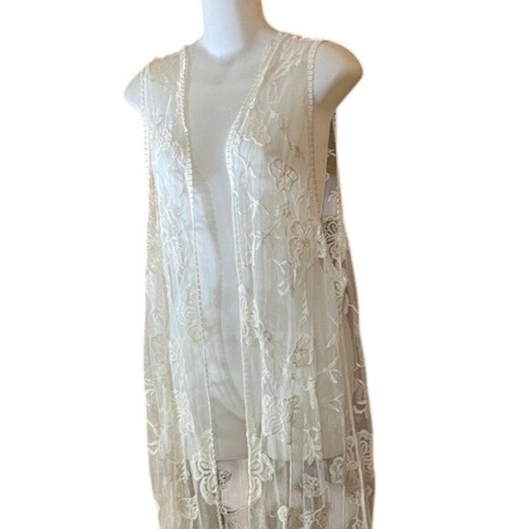 Jody California Ivory Floral Embroidered Lace Longline Open Fringe Duster L/XL - Picture 5 of 11